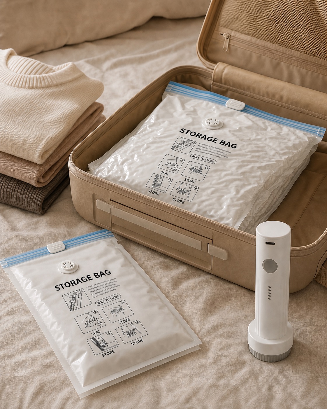 Vacuum compression bags and mini pump beside an open suitcase
